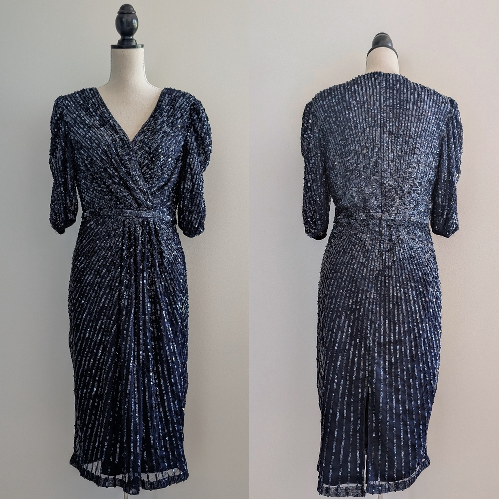 Like new Sz 10 Mac Dugal Sequined V Neck Short Sleeve Midi Dress - Picture 3 of 17